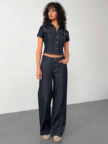 SHEIN Denim Woman Two Pieces Set Short Sleeve Shirt And Low Rise Jean - Dark Wash - View 3