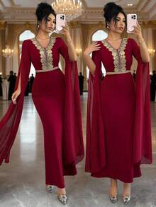 Rafferiza Elegant And Sophisticated V-Neck Long Dress With Gold Lace Embroidery, Fitted Waist, Hip-Hugging Knit, Stretch Chiffon, And Fairy Sleeves. Perfect For Spring And Summer. Also Suitable For Weddings, Evenings, Valentine's Day, Birthdays, And Other Occasions. A Red Dress For Women, Perfect For Weddings. - Burgundy - View 8