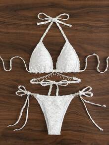 BamGleam Summer Beach Textured Bikini Set Rhinestone Fringe Triangle Bra Top & Tie Side Bikini Bottom 2 Piece Bathing Suit - White - View 3