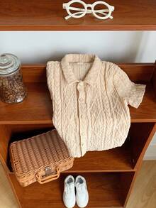 SHEIN Young Boy Plain Collar Textured Fabric Casual Short Sleeve Cardigan