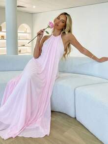 Aloruh 优雅无袖撞色面料立领连衣裙，浅粉色 - 淺粉色 - 查看 2