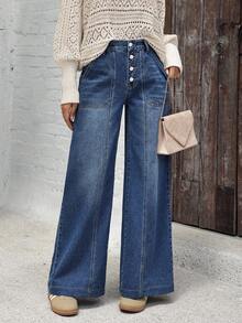 SHEIN Tall Jeans anchos de pierna ancha con bolsillos en diagonal y botones, de uso casual y para ir al trabajo, para mujer - Azul lavado oscuro - Ver 8