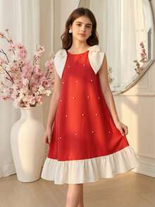 Đầm dự tiệc không tay màu đỏ phối bèo nhún, nơ và đính cườm, thanh lịch dành cho bé gái. - Nhiều màu - Xem 8