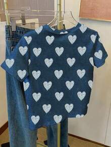 Resyla 女士休闲日常通勤全幅爱心印花短袖T恤，夏季 - 彩色 - 查看 2