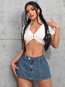 SHEIN Tall Minifalda vaquera casual y versátil de color liso, sin forro y súper corta - Azul lavado medio - Ver 6