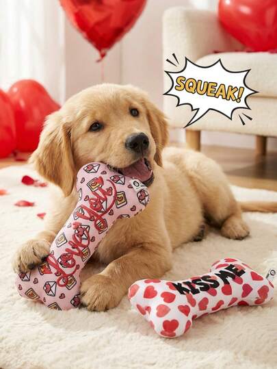 PETSIN 1pc Red Plush Heart-Shaped & Bone Design Pet Toy With Squeaker, Heart & Envelope Print, Embroidered Text, Suitable For Cats & Dogs, Interactive Companion Toy, Valentine's Day Decor & Gift, For Small/Medium Pets