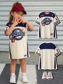 SHEIN Baby Girl Casual Fashion Street Style American Letter Print Loose Fit Drop Shoulder T-Shirt Dress, Summer - Multicolor - View 4