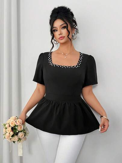 Elenzga Plus Size Women Elegant Versatile Casual Commute Beaded Square Collar Flared Waist Short Sleeve Blouse, Spring/Summer