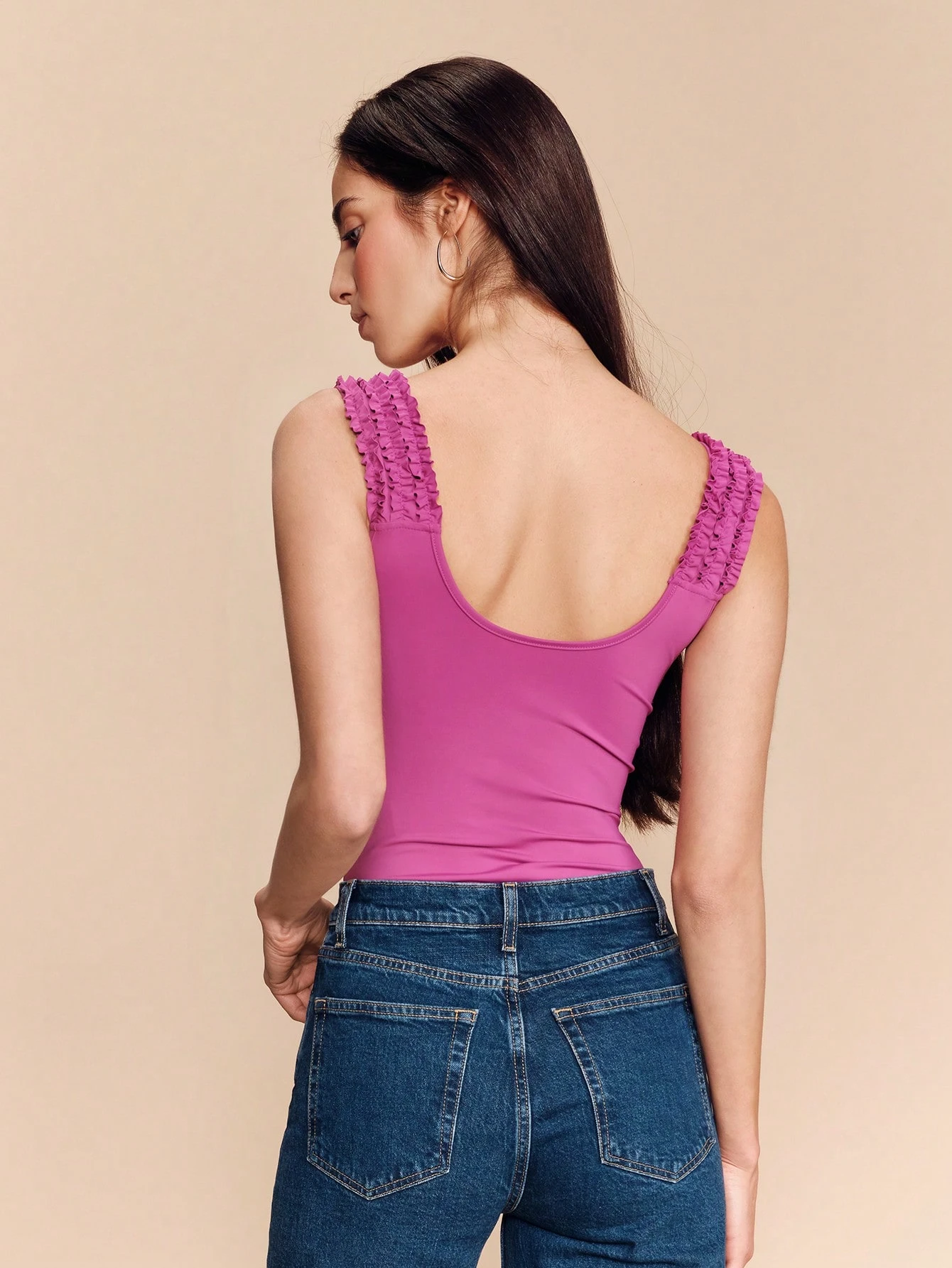 Deep Purple Ruffled Bodysuit With Textured Bust Detail Scoop Neckline And Fitted Romantic Spring Summer Silhouette French Style Parisian Style