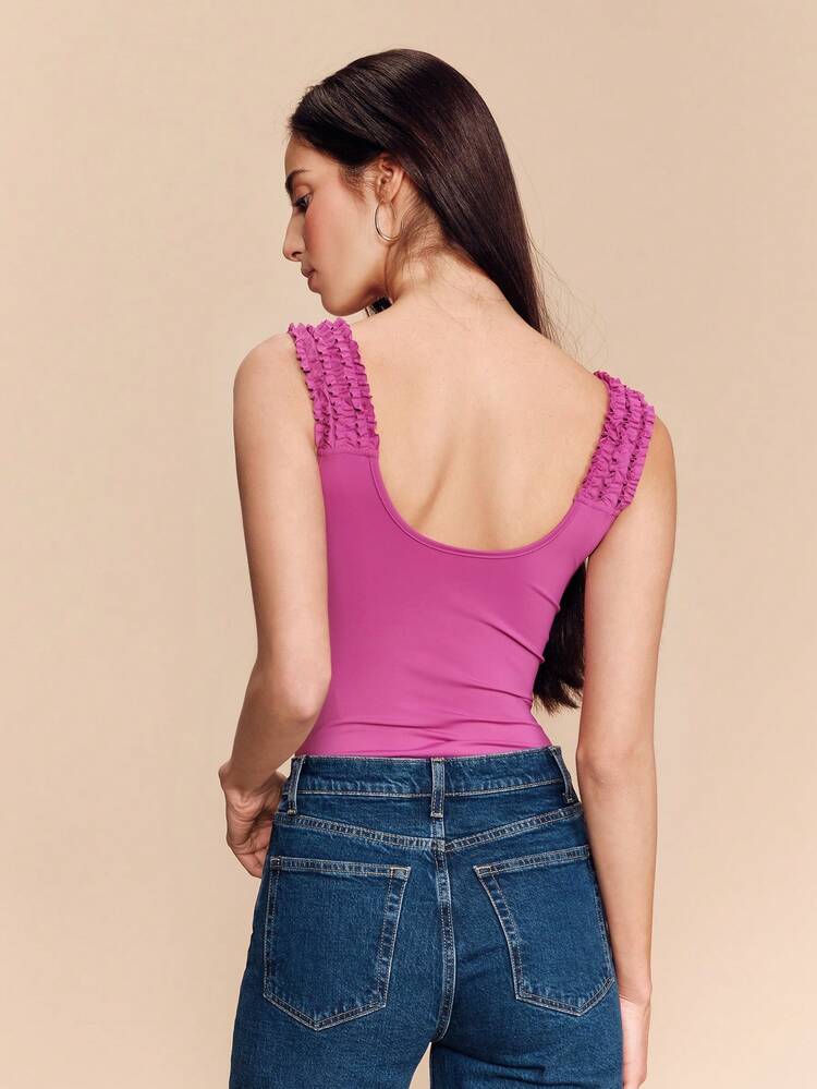 Deep Purple Ruffled Bodysuit With Textured Bust Detail Scoop Neckline And Fitted Romantic Spring Summer Silhouette French Style Parisian Style