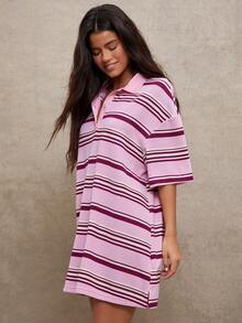 WESTFADE 条纹华夫格针织短袖宽松迷你Polo衫连衣裙 - 粉色 - 查看 4