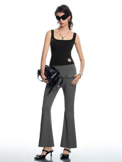 Airlisse Women's Y2K Studded Flare Hem Leggings, Fashionable Sexy Design, Suitable For Spring And Autumn