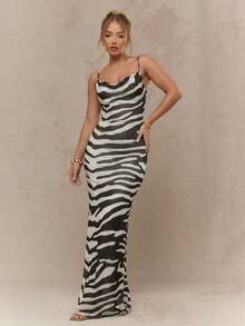 MISSGUIDED Đầm dạ hội maxi dài đến sàn, họa tiết da báo, cổ đổ, dây mảnh, ôm sát cơ thể, không tay, họa tiết động vật, thích hợp cho các bữa tiệc trang trọng. - Đen và trắng - Xem 3