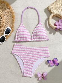 SHEIN Tween Girls Bikini Set Sweet And Spicy Vacation Style Purple And White Contrast Stripe Printed Folded Texture Fabric Hanging Neck Two Piece Set Bikini Swimsuit - Purple - View 1