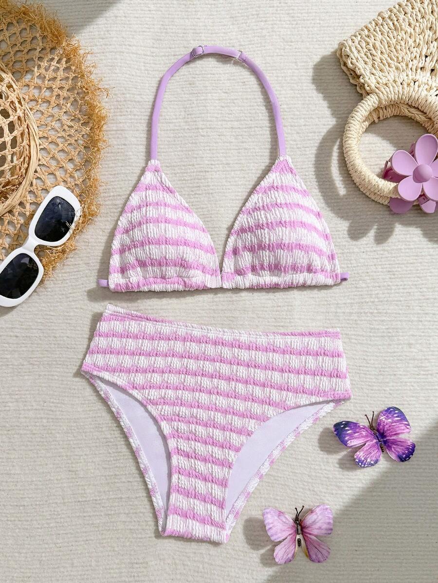 SHEIN Tween Girls Bikini Set Sweet And Spicy Vacation Style Purple And White Contrast Stripe Printed Folded Texture Fabric Hanging Neck Two Piece Set Bikini Swimsuit - Purple - View 1
