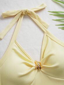 Modelyn 性感V领扭结露背吊带修身针织上衣（女款） - 黃色 - 查看 4