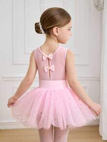 Girls (Small) Elegant & Cute Ballet Dance Leotard, Shiny Mesh Suitable For Training & Competition, Cute Bow Hollow Back Design Tutu Skirt, Activewear - Pink - View 1