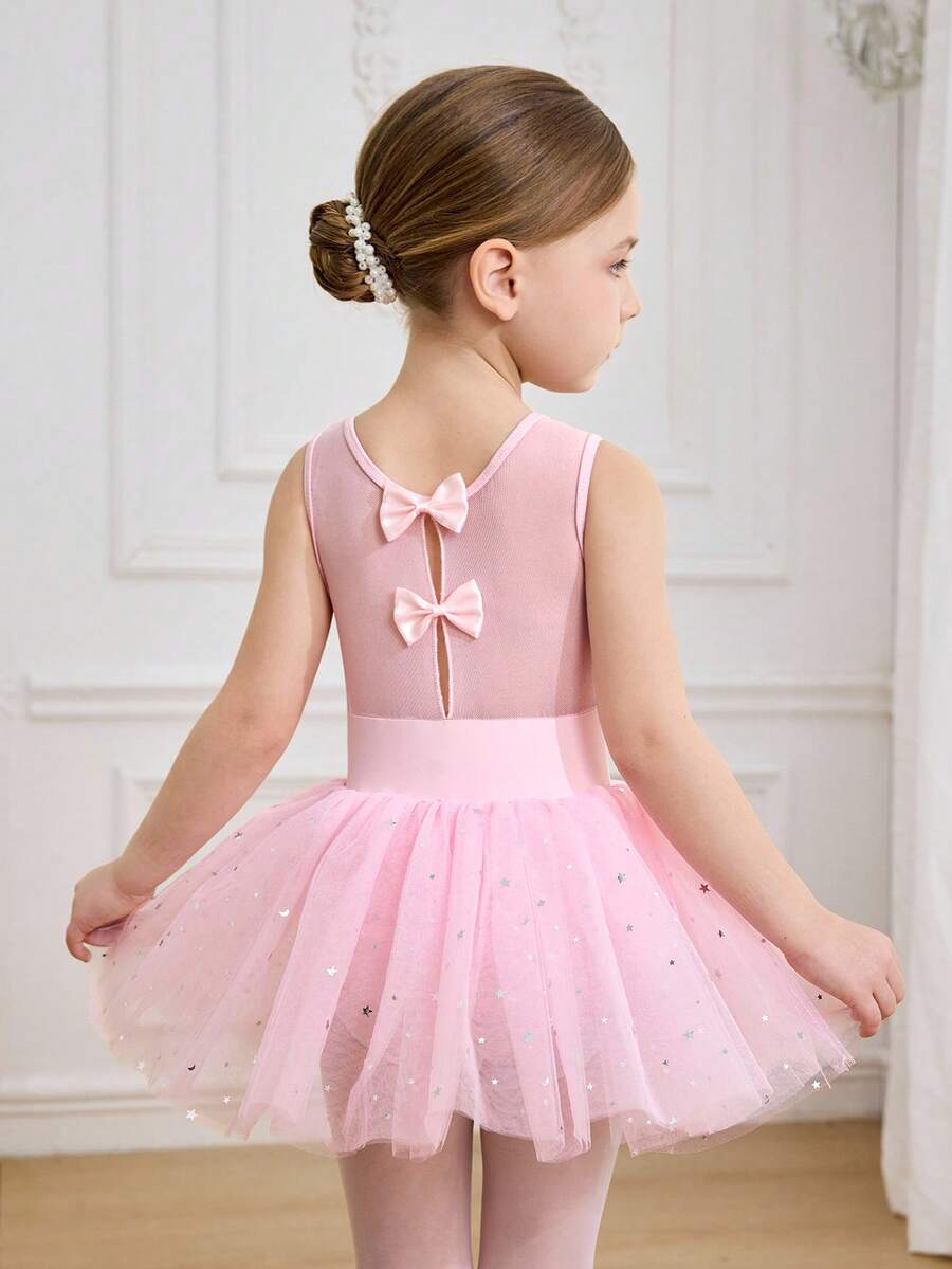 Girls (Small) Elegant & Cute Ballet Dance Leotard, Shiny Mesh Suitable For Training & Competition, Cute Bow Hollow Back Design Tutu Skirt, Activewear - Pink - View 1