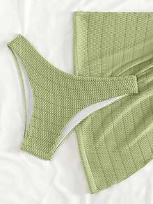 Swim Mod 女款純色掛脖綁帶性感比基尼泳衣套裝，附遮蓋裙，夏季海灘裙套裝，保守比基尼套裝，橄欖綠兩件式比基尼海灘套裝 - 黃色 - 查看 5
