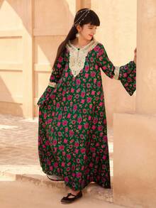 Vestido de manga larga con estampado floral para niñas preadolescentes, vestidos islámicos para niñas, vestido abaya para niñas - Verde Oscuro - Ver 5
