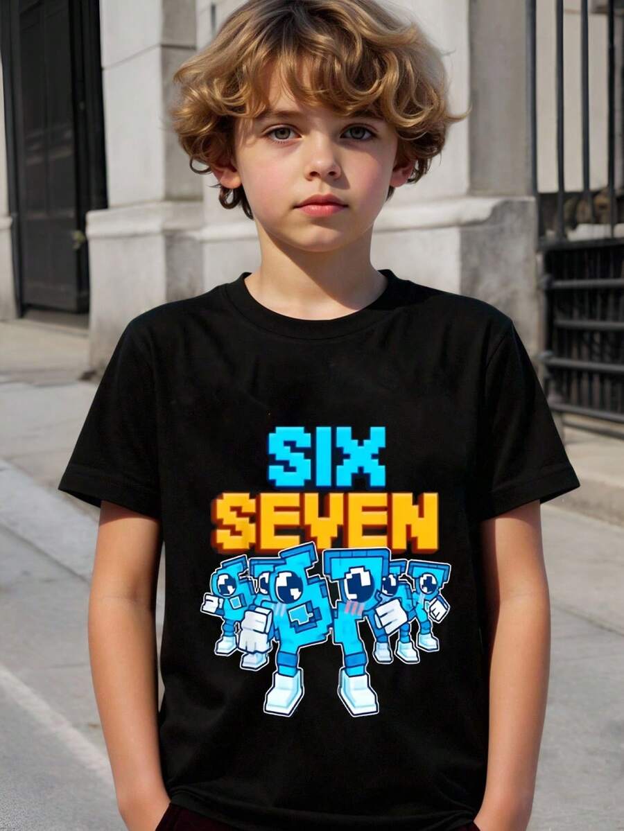 男童休闲舒适时尚百搭创意拟人化“67”数字及“SIX SEVEN”标语图案短袖T恤，适合春夏户外穿着 - 黑色 - 查看 1