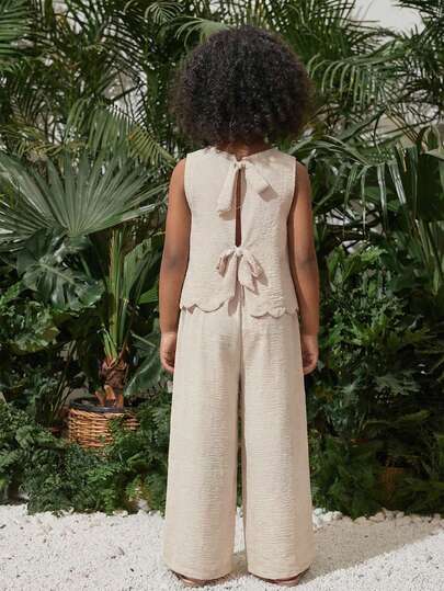 SHEIN Young Girl Babygirl Cute Wave Print Sleeveless Back Bow Decor Top And Long Pants Set, Summer Vocation.