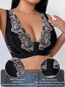 DesireSculpt 1pc Plus Size Wireless Lace Patchwork Front Closure Casual Comfortable Bra - Black - View 3