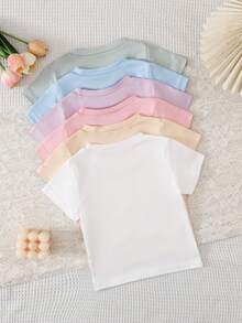 SHEIN Playful Pals 6件/套 女童百搭纯色宽松柔软针织短袖T恤，适合日常休闲穿着，春夏皆宜，多种颜色可选（黑色、粉色、白色、杏色、灰色、紫色） - 彩色 - 查看 2