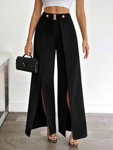 SHEIN Tall Fashionable Commuter High-Waisted Slit Wide-Leg Pants In Black - Brown - View 2
