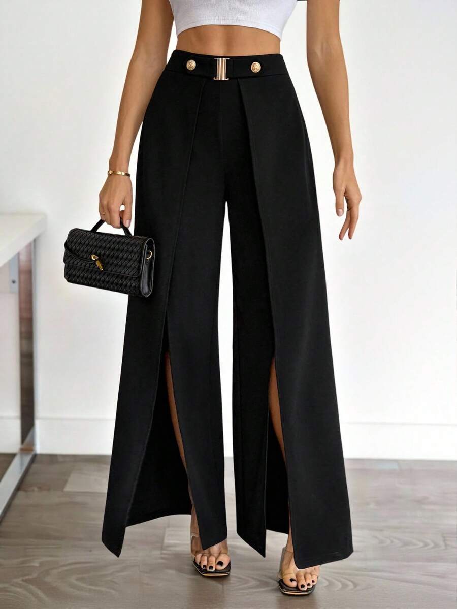 SHEIN Tall Fashionable Commuter High-Waisted Slit Wide-Leg Pants In Black