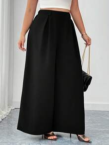 SHEIN CURVE+ Plus Size Women Casual Solid Color High Waist Pleated Loose Wide Leg Pants, Versatile For Daily Wear And Commuting Autumn Office Formal Black - Black - View 5