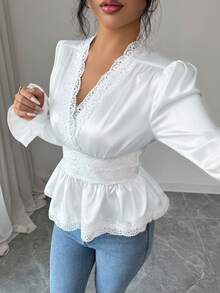 Elenzga Women's Elegant Fashion Commuter Casual Comfortable Charming Retro Minimalist High-End Romantic Holiday Long Sleeve Shirred Waist Gathered A-Line Peplum Hem Back Waist Drawstring Solid Color Satin Patchwork Lace Trim Blouse