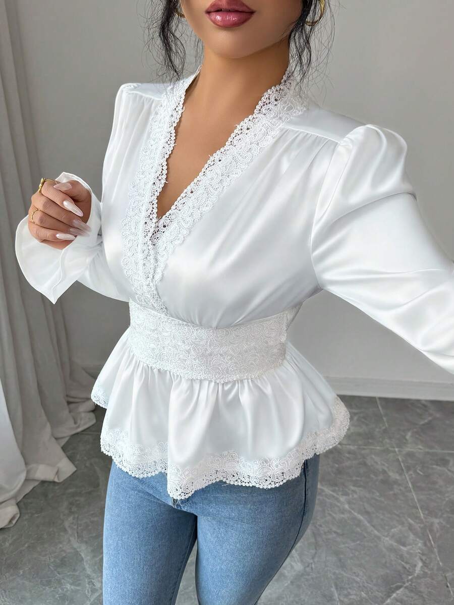 Elenzga Women's Elegant Fashion Commuter Casual Comfortable Charming Retro Minimalist High-End Romantic Holiday Long Sleeve Shirred Waist Gathered A-Line Peplum Hem Back Waist Drawstring Solid Color Satin Patchwork Lace Trim Blouse