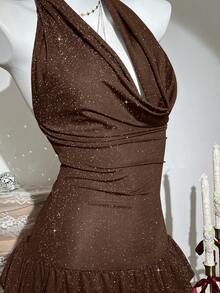 SHEIN Unity Deep Draped Neck Backless Mini Dress, Party Wear - Brown - View 6