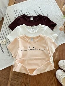 LMoss Kids 3件装女婴圆领心形图案T恤，适合春夏穿着 - 彩色 - 查看 6