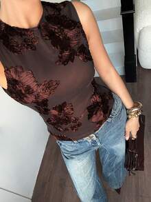 Siren Gaze 女士夏季优雅花卉刺绣吊带背心，夏季咖啡棕色上衣，棕色上衣，女士深棕色上衣 - 咖啡棕 - 查看 1