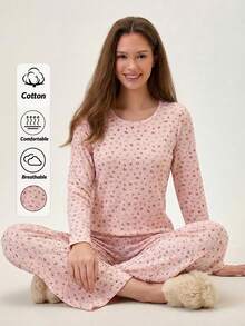 Loomlin Women's Ditsy Floral Round Neck Long Sleeve Top And Pants Pajama Set Floral Pajama Set Womens Pajama Set Two Piece Pajama Set Long Sleeve Pajama Set Round Neck Pajama Set - Pink - View 1