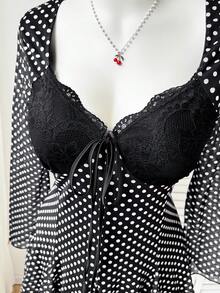 Comfortcana Đầm chữ A tay loe chấm bi đen trắng dáng rộng, cỡ lớn, chất liệu lưới, thích hợp cho mùa xuân/thu. - Đen và trắng - Xem 6