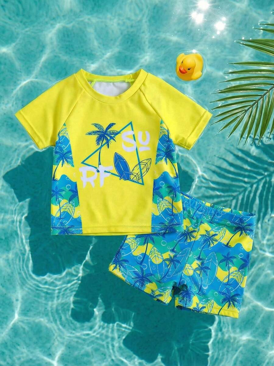 SHEIN 2pcs Baby Boy Casual Minimalist Summer Vacation Palm Tree Print Fitted Round Neck Short Sleeve Shorts Swimsuit Set,Suitable For Beach, Pool, Spring/Summer Summer Shorts