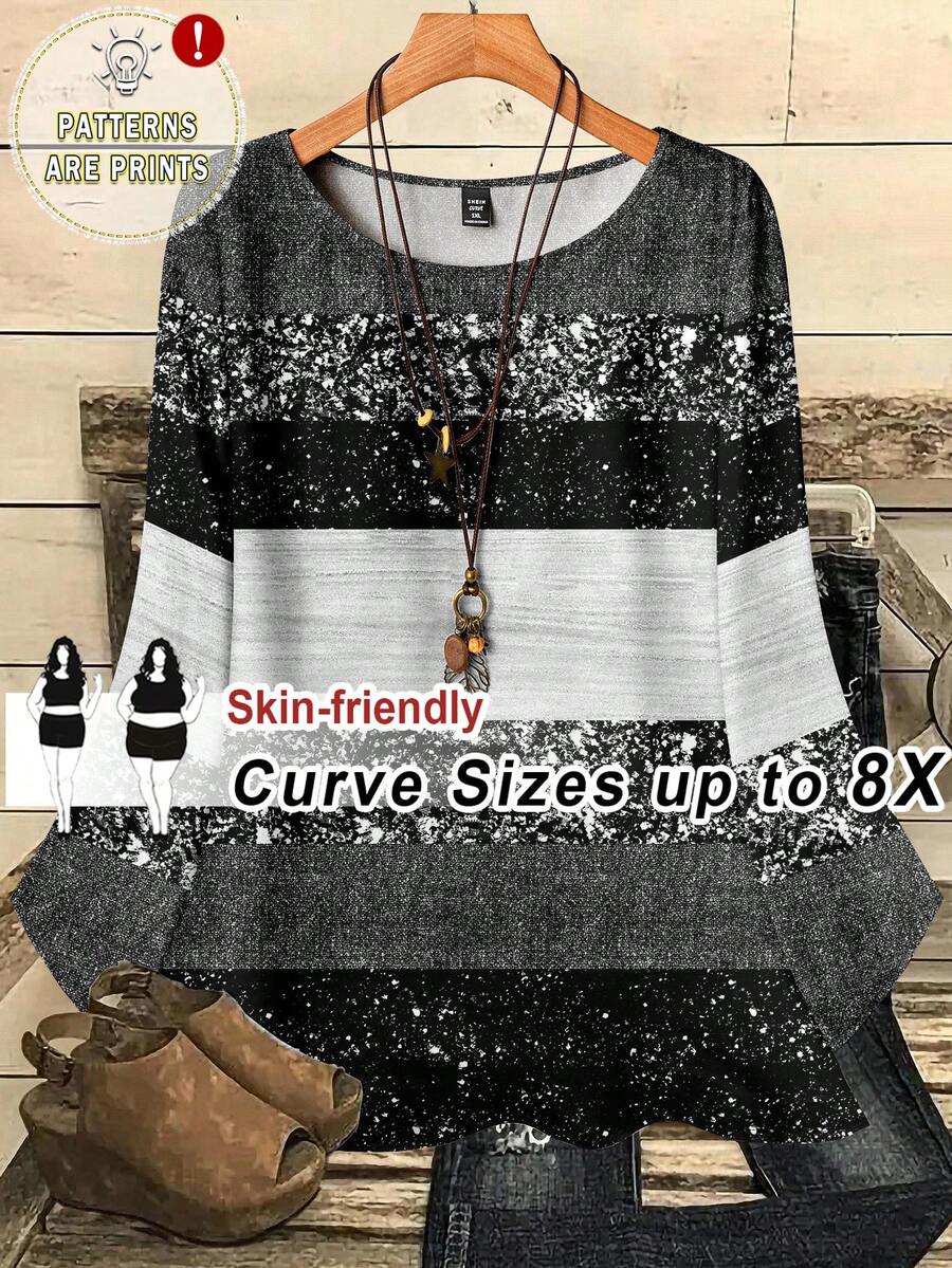 SHEIN CURVE+ Áo kiểu nữ cỡ lớn kẻ sọc cổ tròn tay lửng 3/4 dáng rộng thoải mái - Nhiều màu - Xem 1