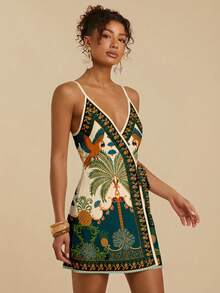 Travachic Casual Minimalist Vacation Bohemian Elegant Retro Parrot & Palm Tree Pattern Olive Green & Beige Print, Comfortable Loose Tie-Up Strap Mini Dress For Women, Suitable For Spring/Summer Tropical Print Dress Resort Dress Tropical Vacation Dress Spring - White - View 4