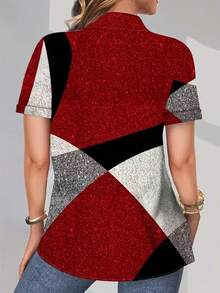 EMERY ROSE 女士休闲短袖衬衫 - 几何撞色印花，红色亮片点缀，纽扣开襟，可机洗，四季皆宜的休闲上衣，短袖衬衫 - 彩色 - 查看 2