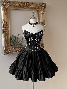 Lovelzi Elegant, Romantic, Fashionable Black Satin Beaded Mermaid A-Line Formal Party Dress, Wedding Guest Dress, Black Cocktail Dress, Single Party, Prom Dress - Black - View 5