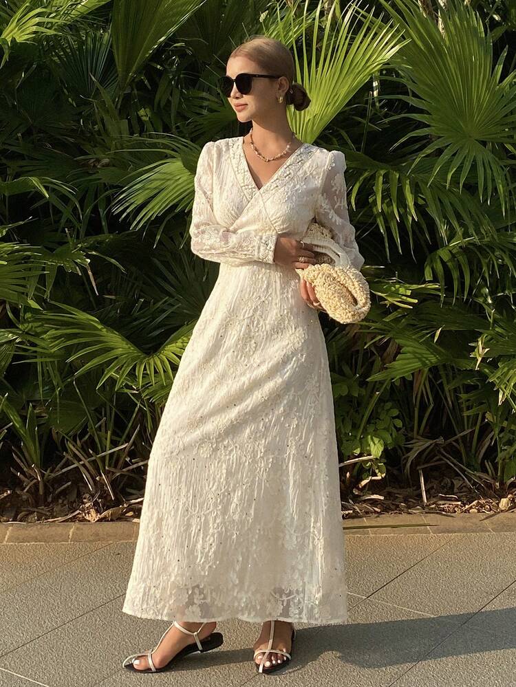 Women's Solid Color Embroidered V-Neck Long Sleeve Dress Maxi Dress Sundress
