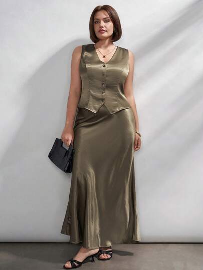 Ellevyn Plus Size Elegant Commuter Sleeveless Top And Skirt 2 Pieces Set, Summer