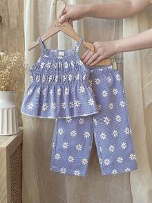 Vintaside Kids Baby Girl Floral & Plaid Print Camisole Top And Elastic Waist Pants Set - Blue - View 4