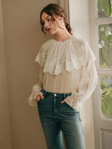 Anewsta Women's Lace Collar Sheer Mesh Flare Sleeve Long Sleeve Blouse - Apricot - View 5