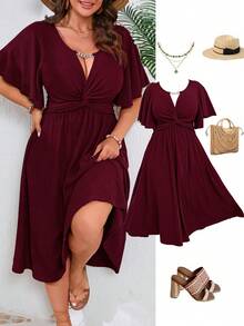 EMERY ROSE Plus Size Women's Spring/Summer Chain Link Patchwork Ruffle Twist Waist Textured Elegant V-Neck A-Line Midi Dress - Burgundy - View 1
