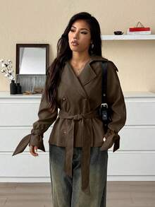 SHEIN EZwear 秋季女士休闲百搭咖啡棕色系带长袖风衣 - 咖啡棕 - 查看 5
