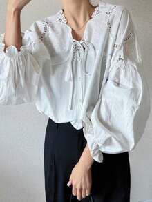 FRIFUL 女士刺绣不对称领蝴蝶结灯笼袖宽松衬衫 - 白色 - 查看 2
